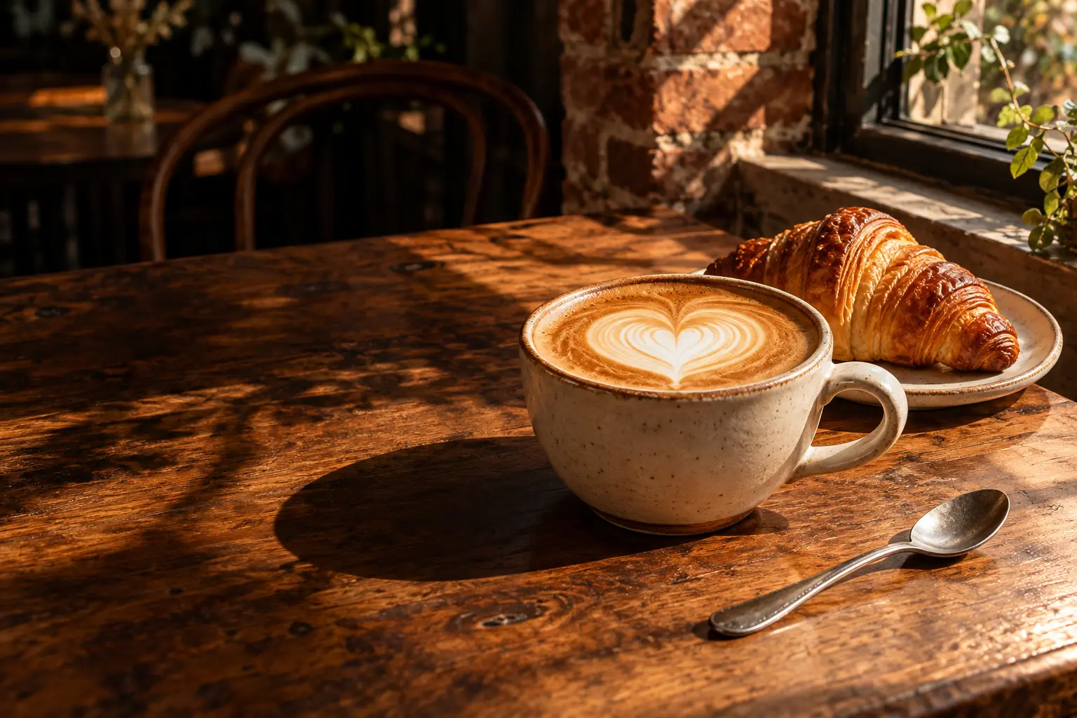 Latte and croissant in a warm cafe