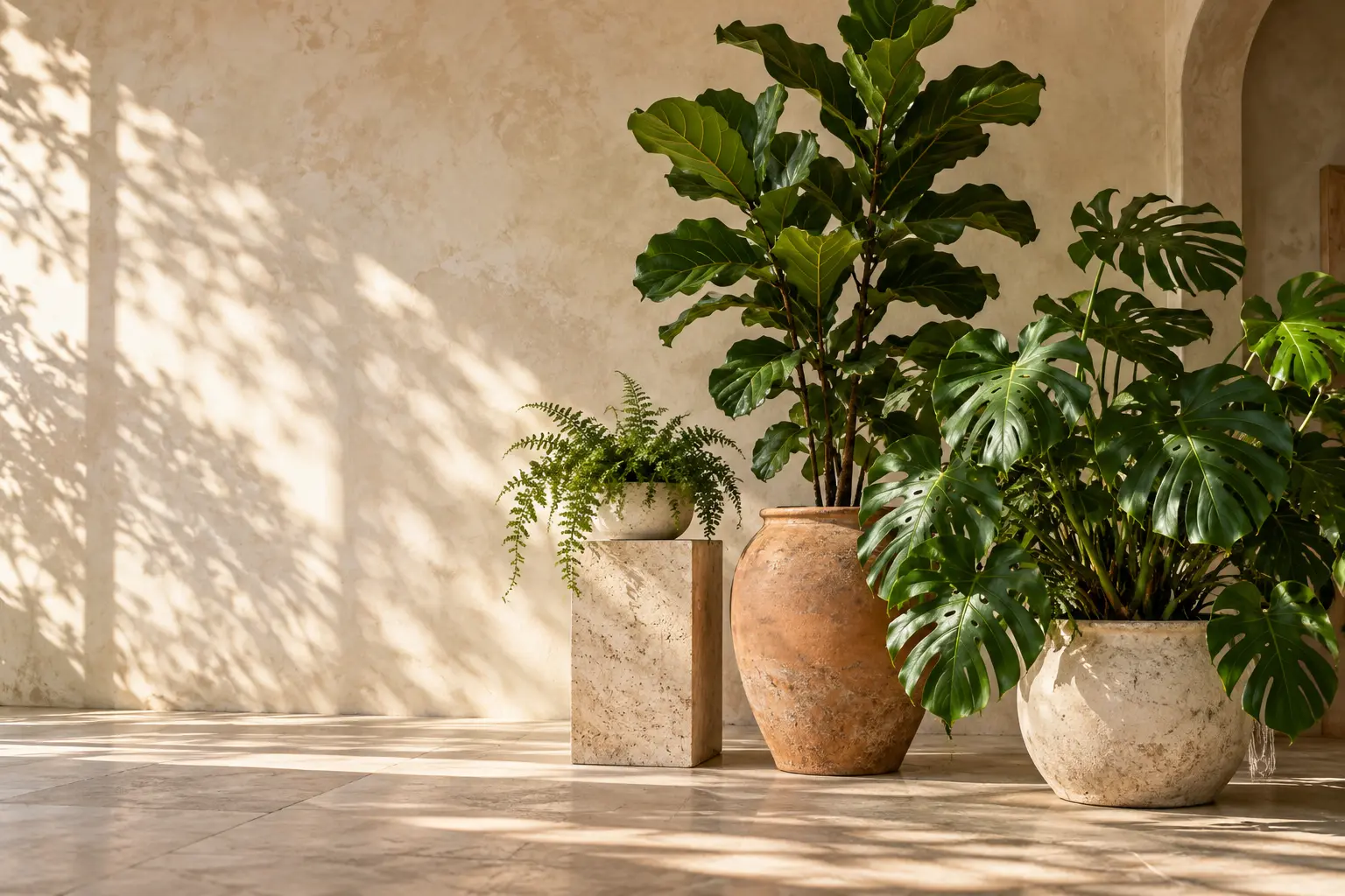 Lush houseplants in sculptural ceramic pots